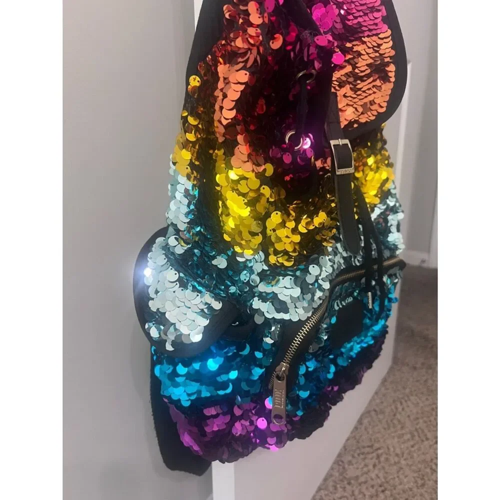 Rare Pink Victoria’s Secret rainbow Sequins Bling Backpack EUC limited Editio